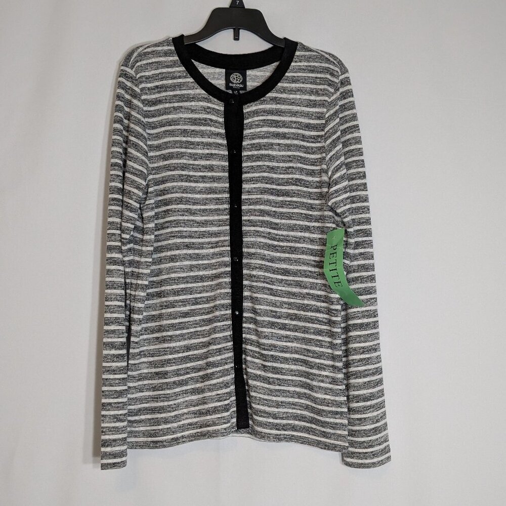 BOBEAU Gray & White Stripe Long Sleeve Button Cardigan Sweater; Size LP